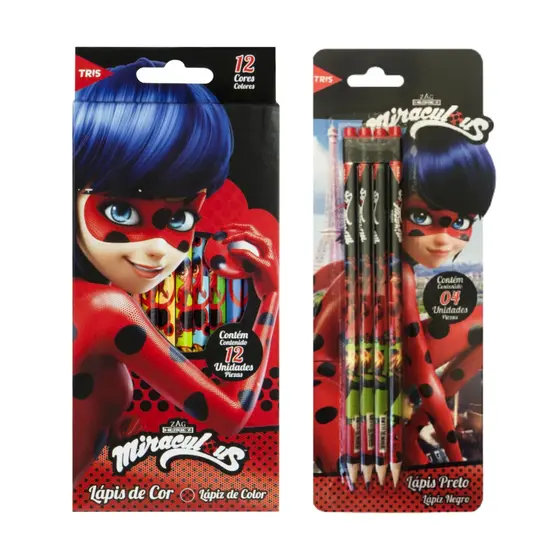 Kit Escolar Miraculous - As Aventuras de LadyBug Lápis de Cor + Lápis de Escrever