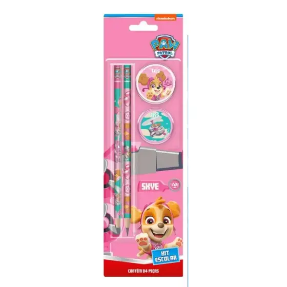 Kit 2 Lápis + Borracha + Apontador - Patrulha Canina - Skye
