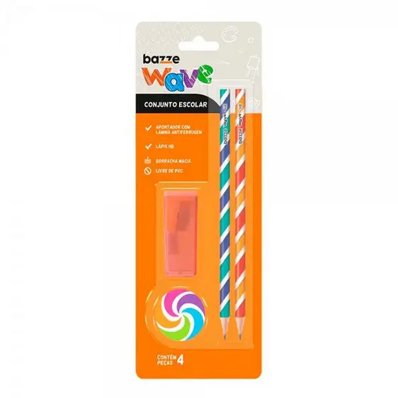 LÁPIS BAZZE WAVE 2 LÁPIS + APONTADOR + BORRACHA CARTELA C/4