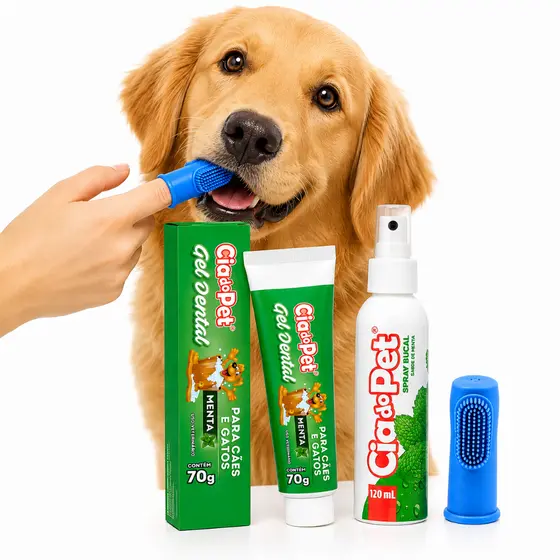 Kit Higiene Dental Cachorro e Gato Gel Pasta 70g + Spray Bucal Hálito 120ml + Dedeira Cia do Pet