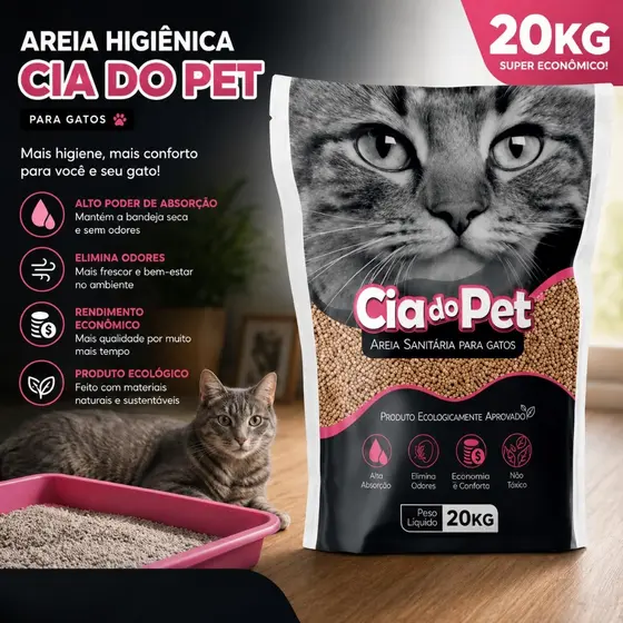 20kg Areia Sanitária Higiênica Super Premium Natural Argila Absorvente p/ Gatos Ecológica Cia do Pet