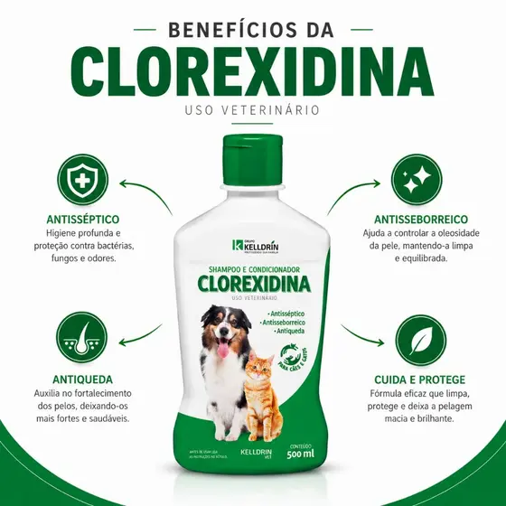 Shampoo Clorexidina 500ml Kelldrin para Cães e Gatos Antisséptico Antisseborreico Condicionador