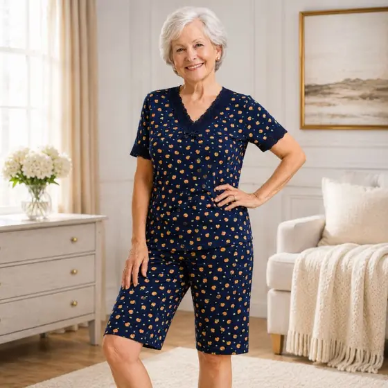 Pijama liganete estampada bermuda pescador com detalhe em renda Fresquinho Sofisticado Conforto