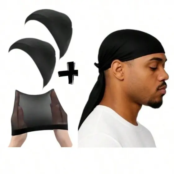 Kit 1 Durag + 2 touca nero Wave Cap , Touca para Dread, Rap, Trap , Bandana Estilo Hip Hop