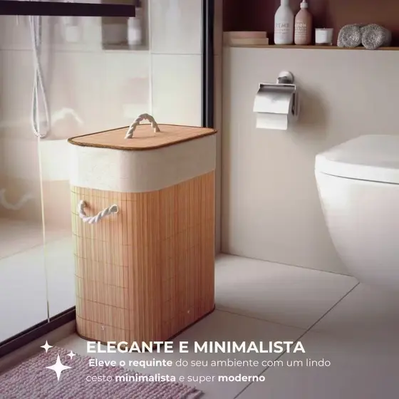 Cesto de roupa suja de bambu de 72 litros com tampa e alça, forro espesso, adequado para uso na sala de estar e no banhe
