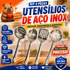 Kit Utensílios de Cozinha Inox Concha Colher Espátula Escumadeira Para Servir Cozinhar Em Aço Inox