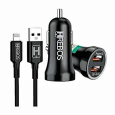 Carregador de Carro Veicular Turbo 3.1A com Cabo Lightning Para iPhone | Preto | Original HRebos Anatel