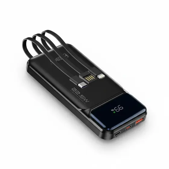 Carregador Portatil 10.000mAh com Cabos Tipo C, Lightning e USB Acoplados Hrebos