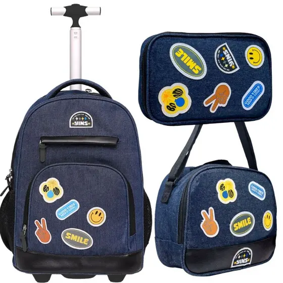 Mochila Infantil Kit de Rodinhas Juvenil Lancheira Térmica Estojo Organizador Jeans Escuro