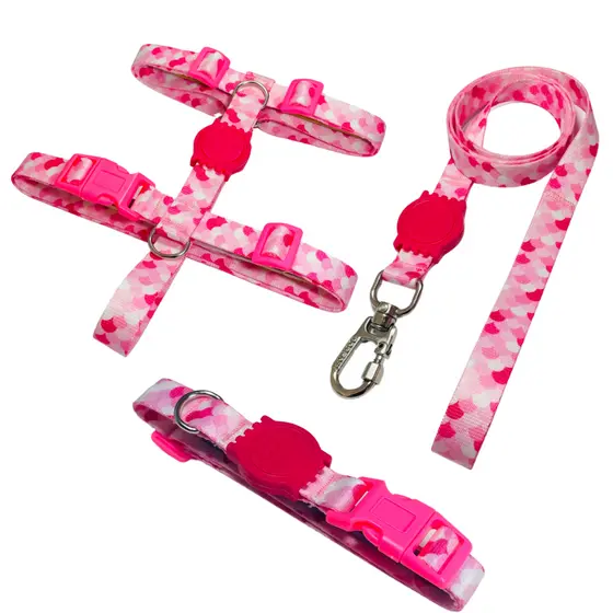 Kit Passeio Peitoral H Guia e Coleira Para Cachorros Cães Pets Rosa Sereia
