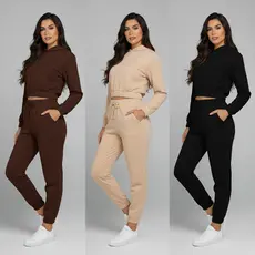 Conjunto Feminino de Moletom Calça Jogger e Cropped Com Capuz