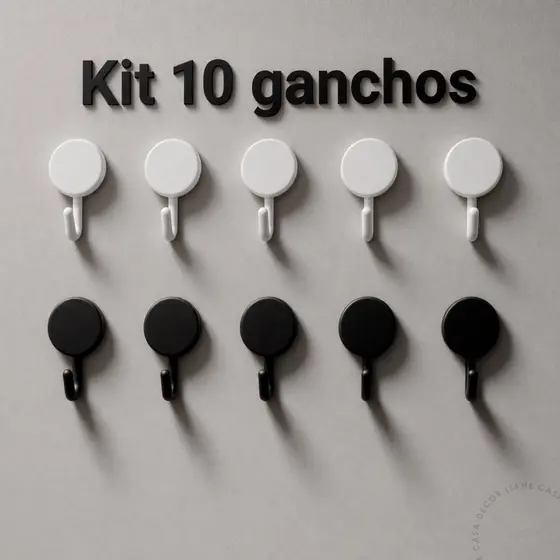 Kit 10 Ganchos Adesivos Organizador Multiuso Plástico Parede Preto e Branco Dupla Face