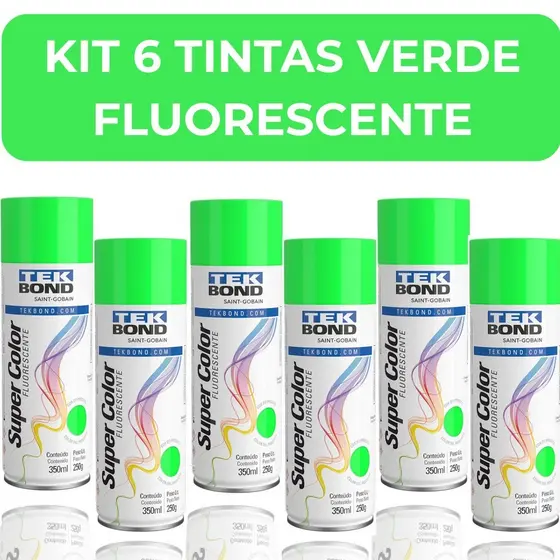 Kit 6 Tintas Spray Verde Fluorescente Tekbond Uso Geral 350ml Secagem Rápida Gesso