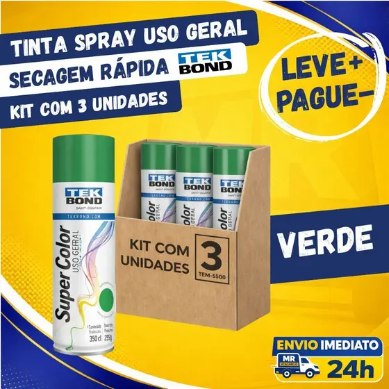 Kit 3 Tinta Spray Uso Geral Tekbond Verde Brilhante Brilho 350ml Secagem Rápida