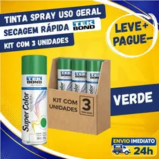 Kit 3 Tinta Spray Uso Geral Tekbond Verde Brilhante Brilho 350ml Secagem Rápida