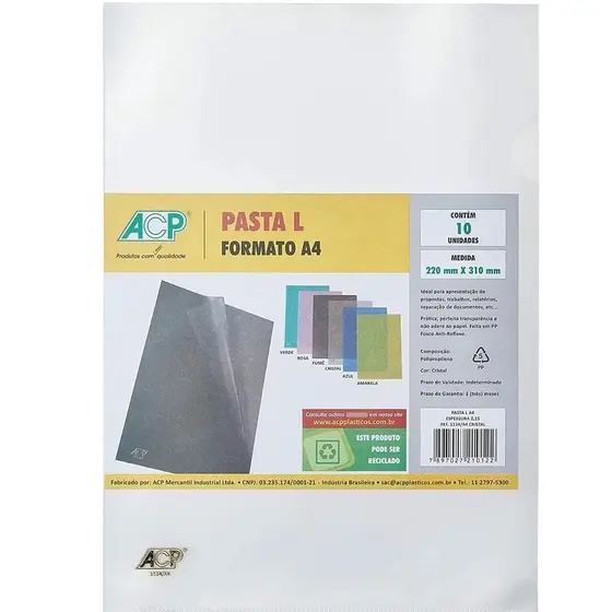 Pasta L Transparente A4 Acp Pacote Com 50 Unidades