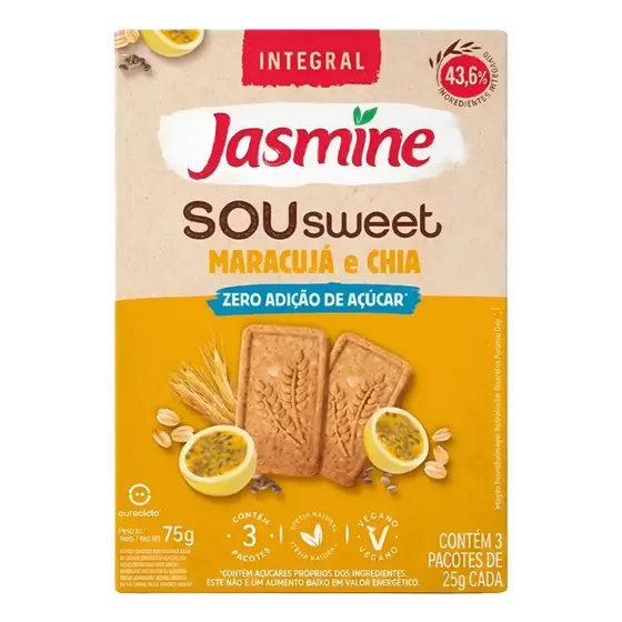 Biscoito Vegano Integral Maracujá & Chia Zero Açúcar Jasmine Sou Sweet Caixa 75g