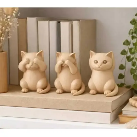 Trio de Gatinhos Decorativos Cego Surdo e Mudo - Enfeite Criativo de Pla para Amantes de Gatos