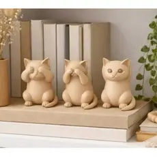 Trio de Gatinhos Decorativos Cego Surdo e Mudo - Enfeite Criativo de Pla para Amantes de Gatos