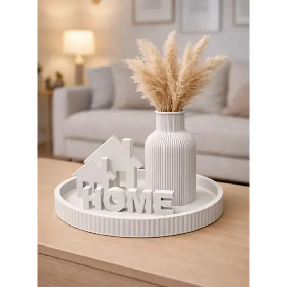 Kit Decoração Sala Centro de Mesa Minimalista - Bandeja, Vaso Canelado com Pampa, Escultura Casa e Letreiro HOME