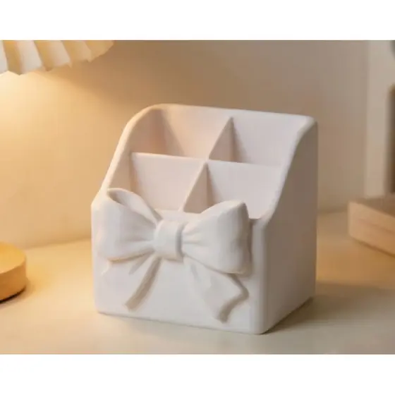 Organizador de Mesa com Laço Porta Canetas Maquiagem Divisórias Estilo Kawaii Coquette