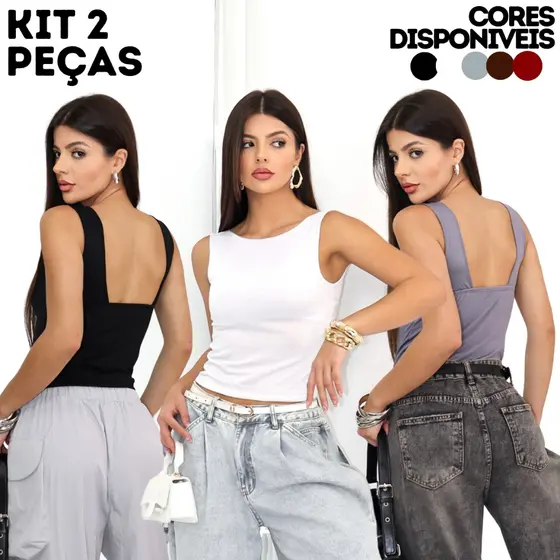 KIT 2 Regatas Costa Nua Feminina Básica Suplex Blusa Cropped Baby Tee Alça Grossa Casual
