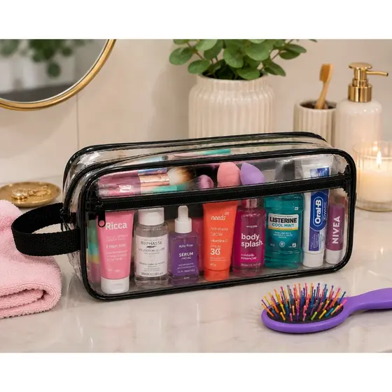 NECESSAIRE  TRANSPARENTE PEQUENA COM FRISO PRETO ORGANIZADOR MAQUIAGEM PINCÉIS ESMALTES NFM2