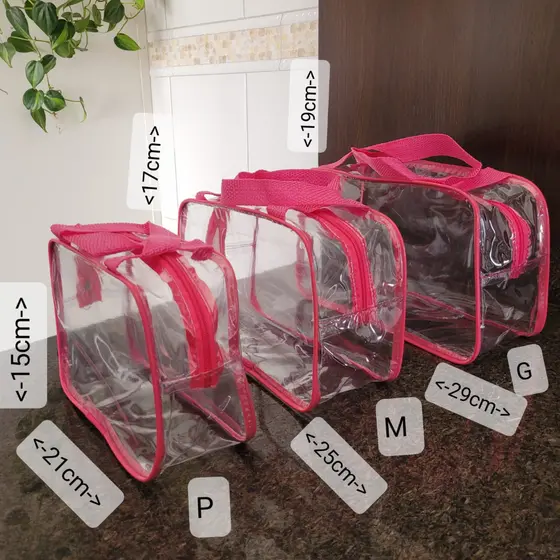 KIT 3 FRASQUEIRA NESCESSAIRE TRANSPARENTE 2 E ROSA TAM P/M/G , MAQUIAGEM PRODUTOS DE HIGIENE PESSOAL