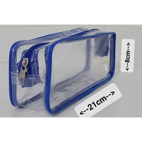 ESTOJO TRANSPARENTE COM 1 REPARTIÇÃO COM FRISO AZUL ROYAL PARA LAPÍS E OUTROS