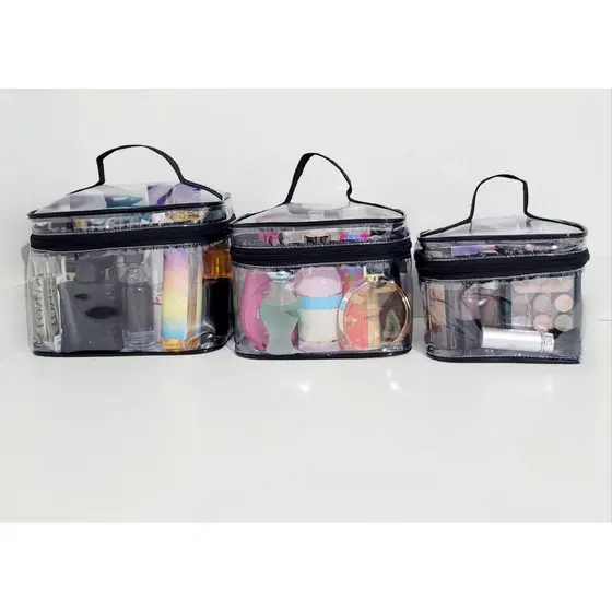 KIT 3 NECESSAIRE TRANSPARENTE FRISO PRETO(1P+1M+1G)VERSÁTIL