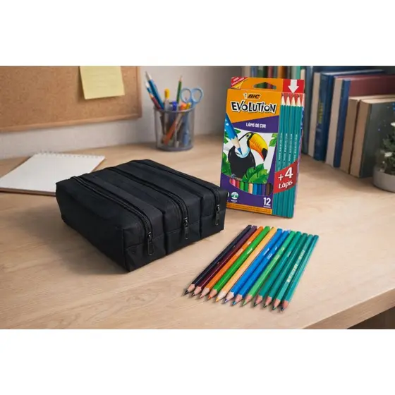 KIT ESCOLAR ESTOJO 3 REPARTIÇÕES PRETO /CAIXA LAPIS 12 CORES+4 GRAFITE