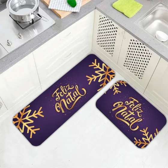 Jogo Tapete Cozinha 2 Peças Kit Antiderrapante Emborrachado Estampado Passadeira - FELIZ NATAL ROXO E DOURADO
