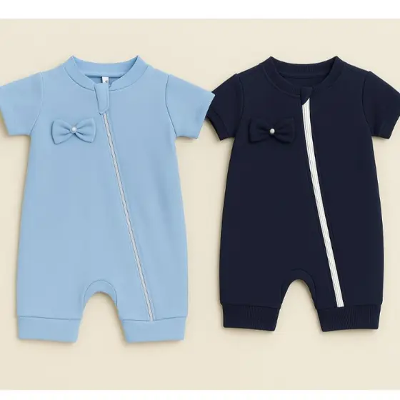Kit Combo Macacão De Ziper Bebê Menina Verão Com Laço 02 peças Fresco confortável leve dia dia 100% Algodão cores lisas