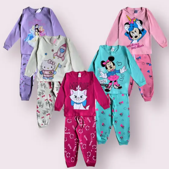 KIT 4 peças Pijama infantil MENINA inverno comprido manga longa 2 calças e 2 blusas feminino algodão
