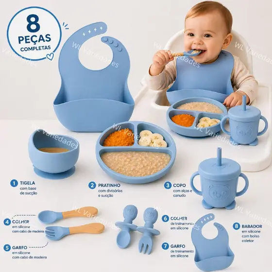Conjunto de silicone 8 peças para bebê Talheres Babador Prato com ventosa Alimentação