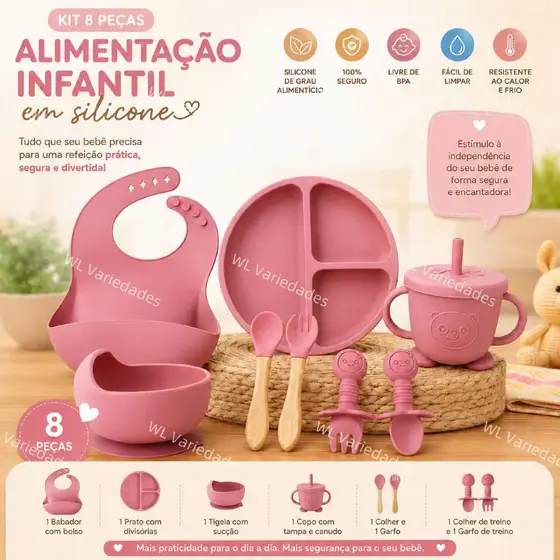 Kit 8 peças de Alimentação Infantil em Silicone Kit talheres babador prato tigela com ventosa