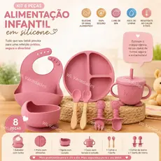 Kit 8 peças de Alimentação Infantil em Silicone Kit talheres babador prato tigela com ventosa