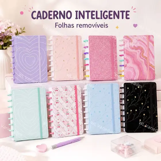 Caderno Inteligente com Folhas Pautadas A5/B5/A4 Estampada Cor Lisa Sistema de Discos Argola