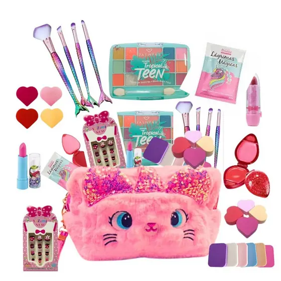 kit Maquiagem de criança Infantil 11 itens completo sombras necessaire gloss batom pinceis
