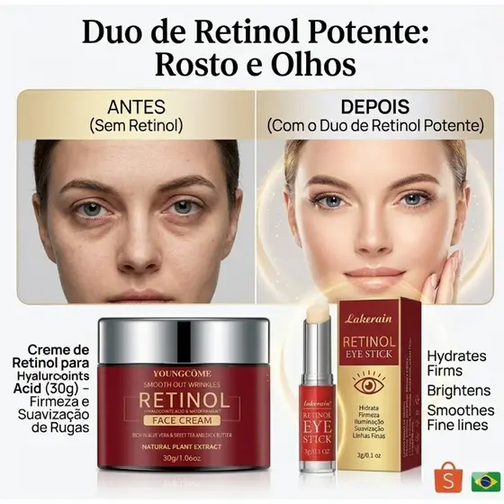 Kit Retinol Facial Área dos Olhos Olheiras Anti-Envelhecimento Anti-Rugas Clareador