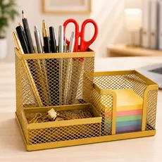 Organizador de Mesa 3 Divisórias Dourado Porta Canetas Porta Clips Porta Lembretes Gv Office