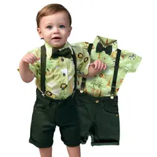 Roupa safari festa menino infantil conjunto Camisa Gravata Bermuda e Suspensório