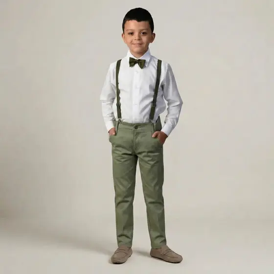 Conjunto Social Infantil Verde Oliva Menino Roupa Pajem Casamento Batizado Camisa Calça Suspensório 1 a 16 Anos