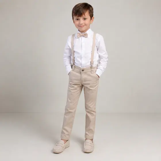 Conjunto Social Menino Bebê Bege com Sapato Batizado Casamento Pajem Camisa Calça Suspensório Gravata Festa