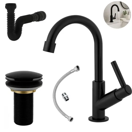 Kit Torneira Lavatorio Preto Banheiro + Valvula Click 7/8 + Sifão Universal+ Engate Flexível 40 cm