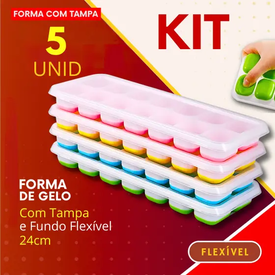 Kit 5 - Forma de Gelo Fundo Flexível de Silicone e Tampa Higiênica Desenforme com Facilidade