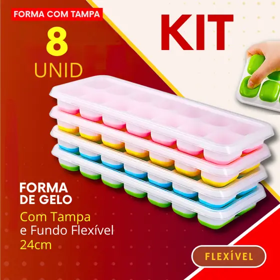 Kit 8 - Forma de Gelo Fundo Flexível de Silicone e Tampa Higiênica Desenforme com Facilidade