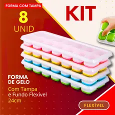 Kit 8 - Forma de Gelo Fundo Flexível de Silicone e Tampa Higiênica Desenforme com Facilidade