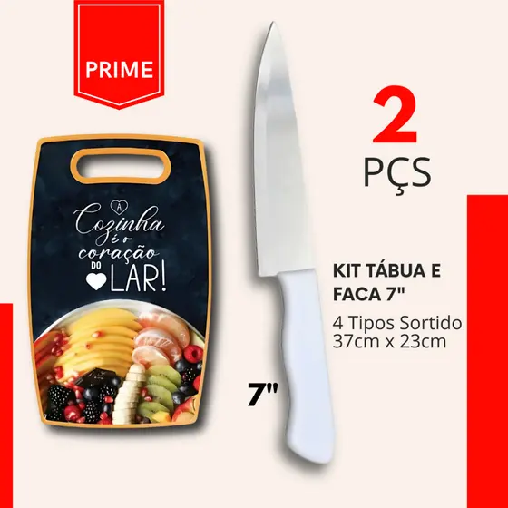Kit 2 - Tabua De Cozinha e Faca 7" Para Corte de Alimentos Carne Legumes Frutas
