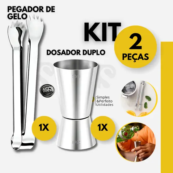 Kit 2 Peças Pegador de Gelo + Dosador Duplo de Drink Aço Inox Bar Drinks Bebidas